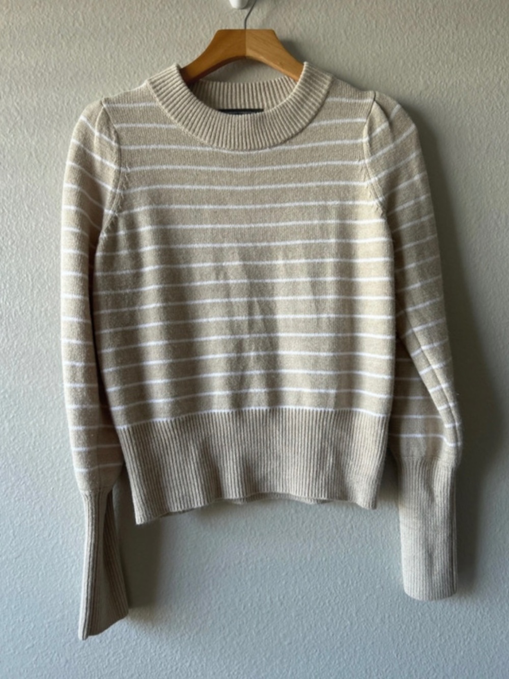 French Connection white and beige striped crew neck pullover sweater, size XS